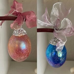 Set of 2 Crackle Mirror Finish Decorative Eggs with Ribbon Bows Blue Pink Ombre